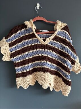 Zara Striped Crochet V-Neck Sweater in Cream, Brown & Blue